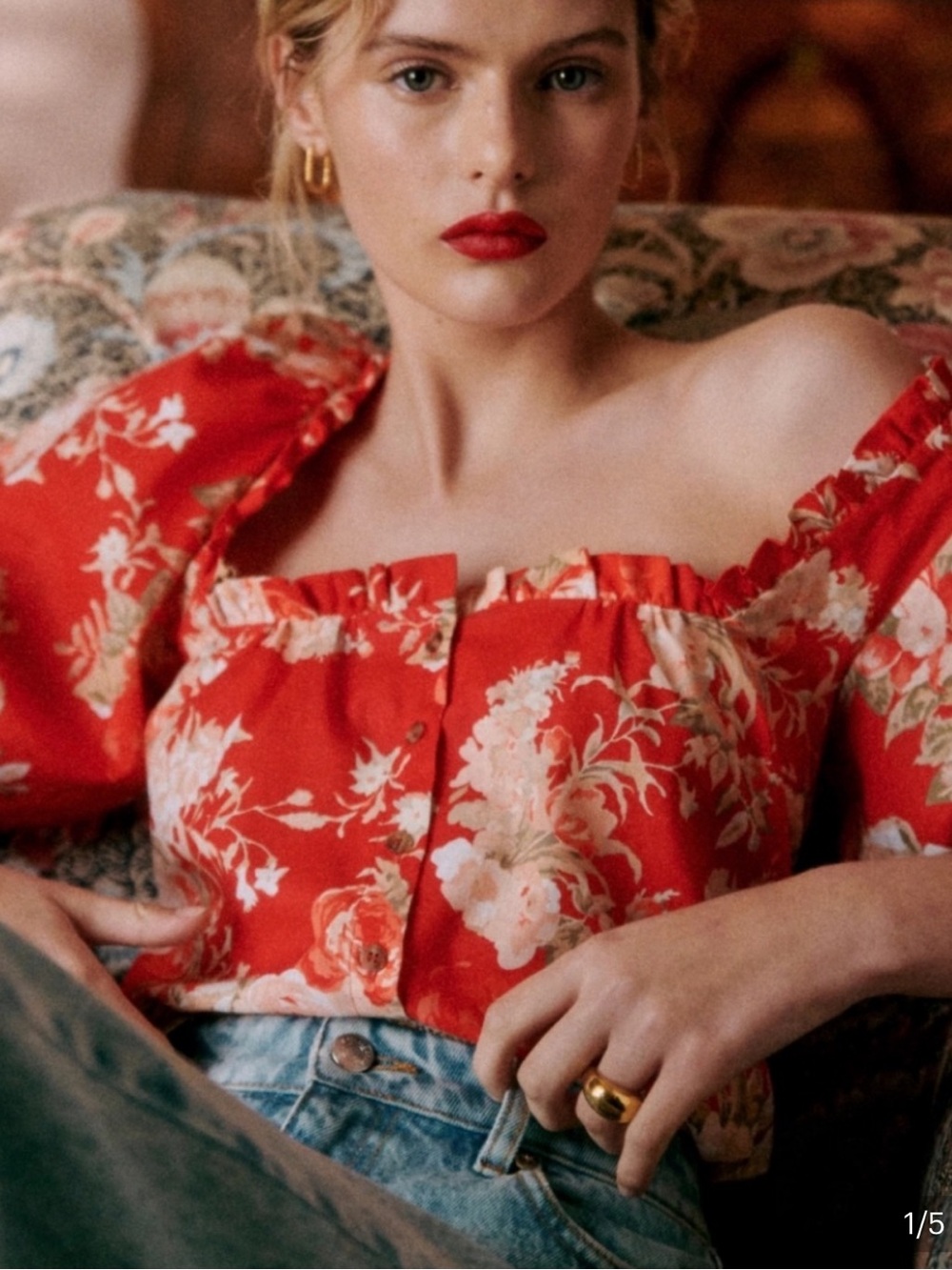 Red Floral Off-Shoulder Button Crop Top